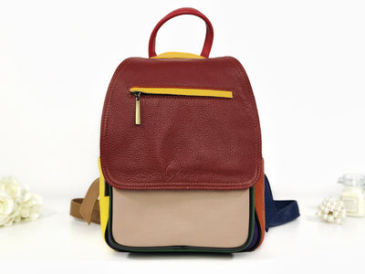 Rucsac burgundy piele naturală cu accente multicolor Oliver