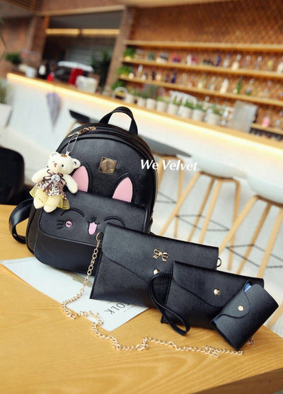 Set Rucsac negru piele eco cu poetu i portofele Sweet Bunny