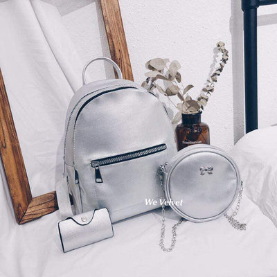 Set Rucsac silver piele eco cu poetu i mini portofel Daria